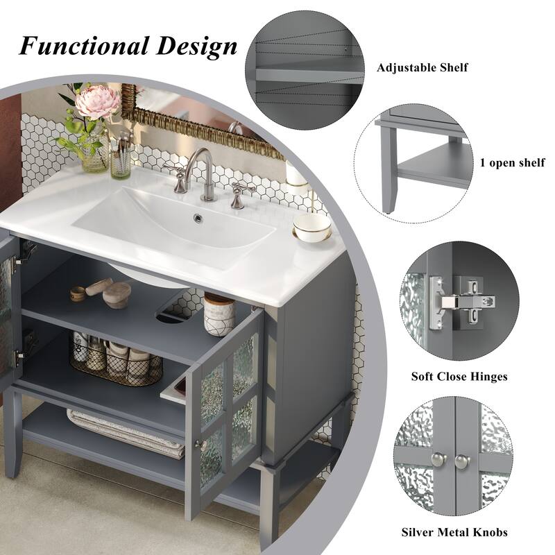 36"Vanity with Ceramic Sink,Vanity with Shelf,with Solid Wood Legs,Waterproof Painted Finish,Metal Knobs and Close Hinges Design