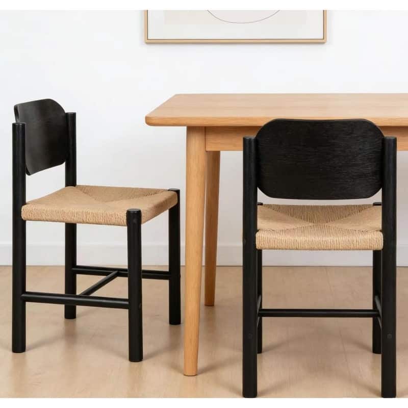 Wooden Armless Dining Chairs, Beige Paper Rope Weave Seat, Indoor Kitchen Chairs, Set of 2