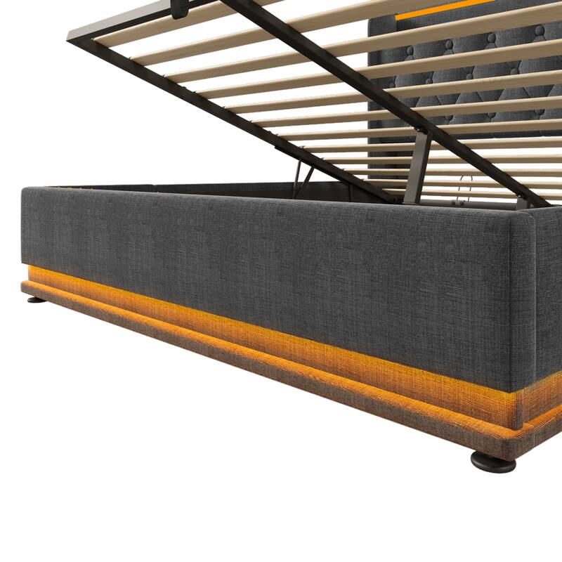 Full Size Platform Bed Underbed Storage Bed with Wingback Tufted Headboard, USB and 360 Surround LED Strip, Linen Upholstered