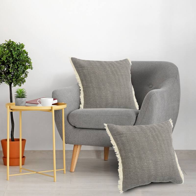 20" Charcoal Gray Solid Fringed Square Throw Pillow