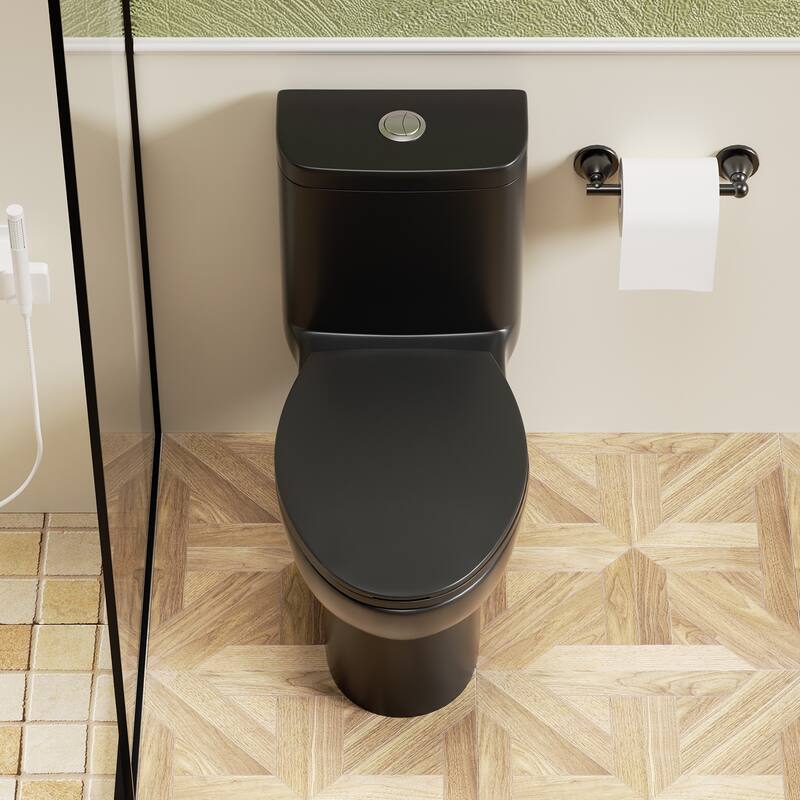 Anmytek Matt Black One Piece Toilet with Tornado Dual Flush and Soft Closing Seat ADA Height Siphonic S Trap 12 Inch Rough In