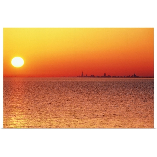 "Lake Michigan under an orange sunset, Chicago side" Poster Print