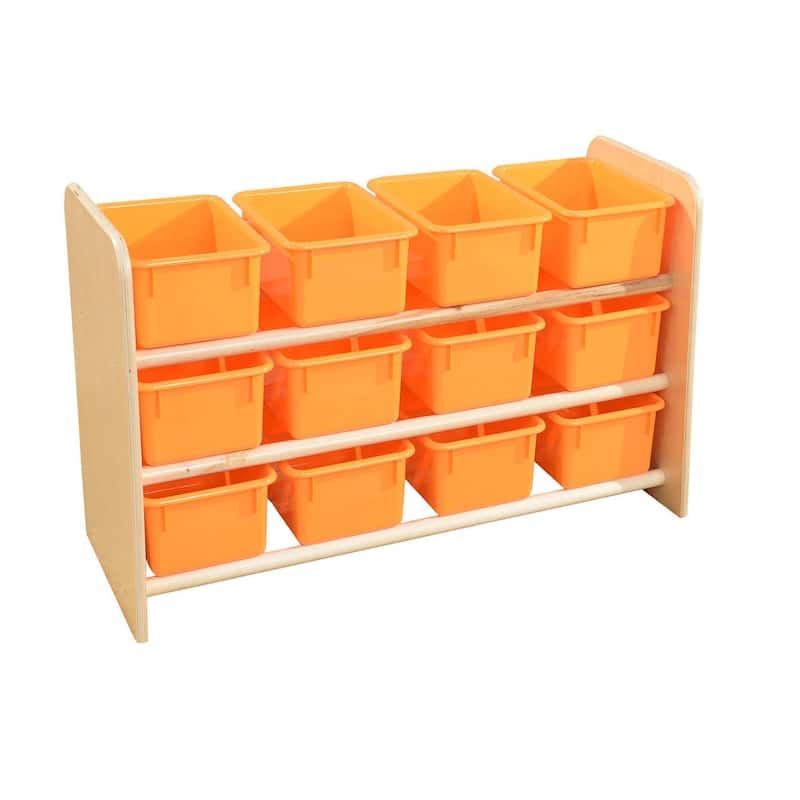 Wood Designs Sturdy 3 shelf Storage Rack with 12 Orange Pastel Color Trays, Birch Wood Storage Organizer Unit - 21"