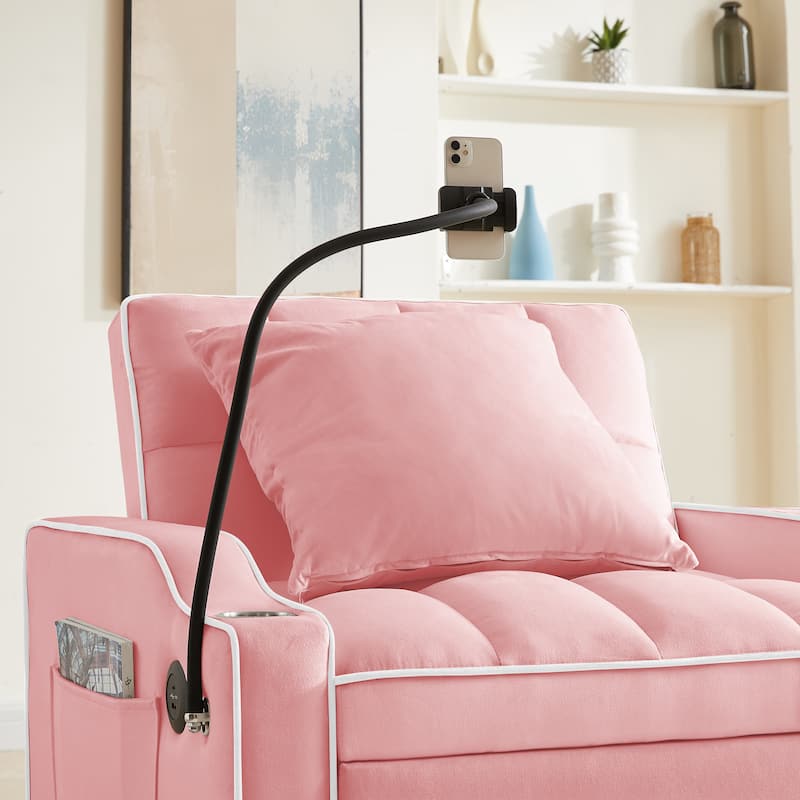 Single Sofa Armchair 3-in-1 Pull Out Sleeper Sofa Bed Velvet Chaise Lounge with USB, Phone Stand, Cup Holders and Side Pockets