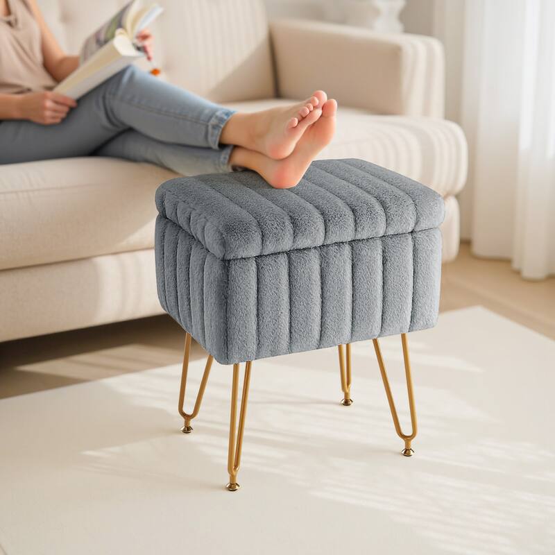 Faux Faric Soft Padded Rectangular Accent Small Ottoman Vanity Stool Chair with Storage & 4 Metal Legs