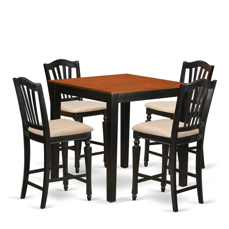 Asian Allure 5 Piece Kitchen Counter Set - Square Table & 4 Linen Chairs - 36x36 Inch - Black Cherry