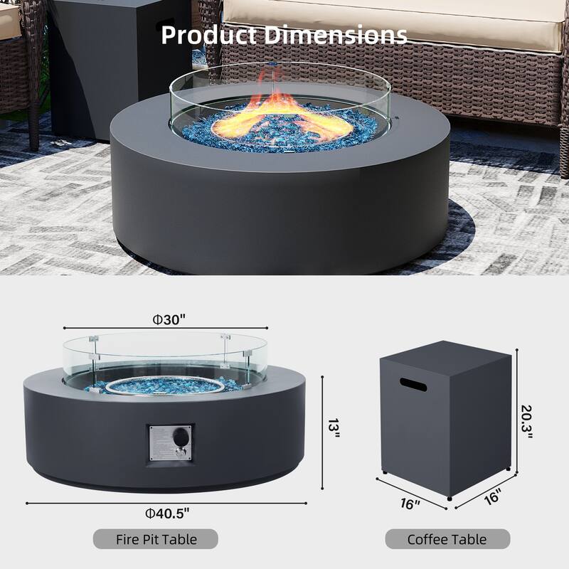 Patio Watcher iron outdoor fire pit table with gas tank cover, lid, and glass wind guard