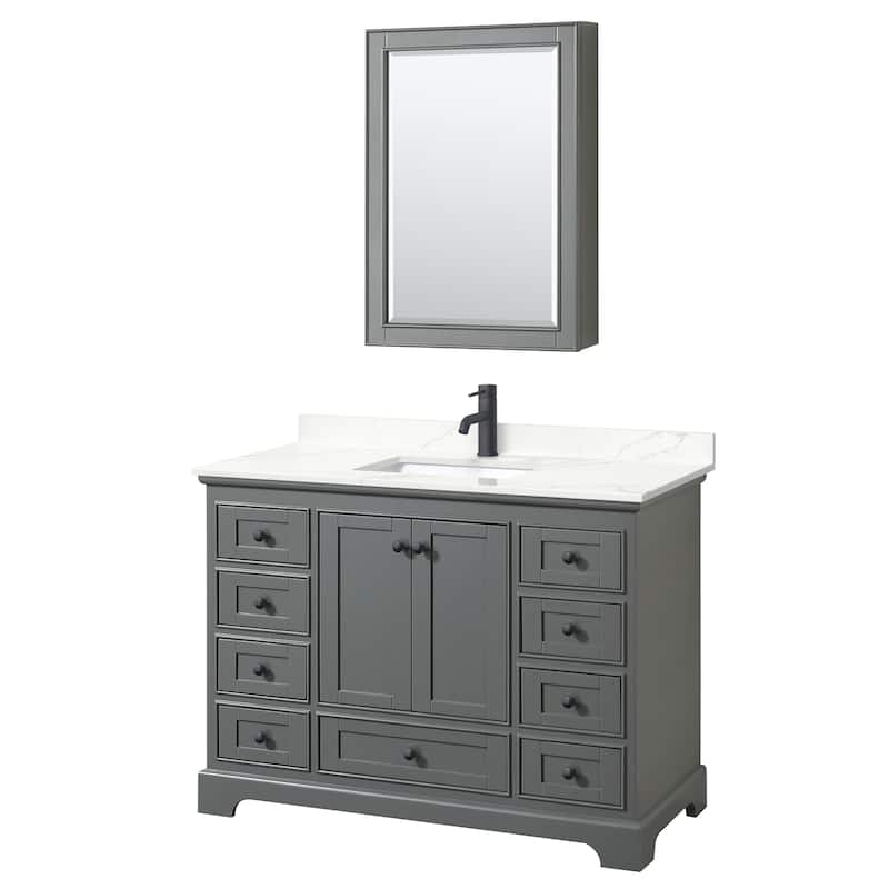 Deborah 48-inch Single Vanity, Quartz Top, Medicine Cabinet - Dark Gray, Black Trim, Giotto Quartz Top