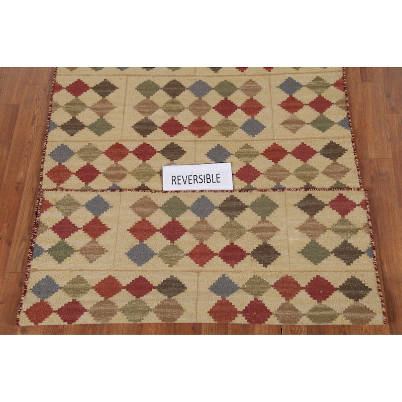 Geometric Kilim Oriental Area Rug Hand-Woven Beige Wool Carpet - 3'9"x 6'0"