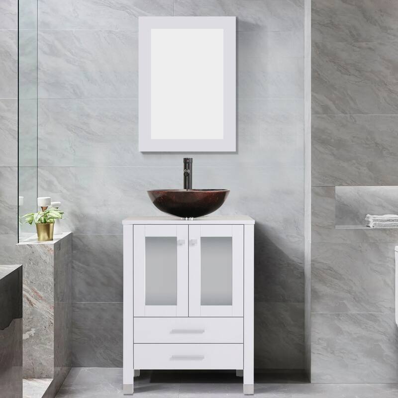 24" Bathroom Vanity with Sink Set Storage Cabinet Combo - White - W-Glass brown round sink