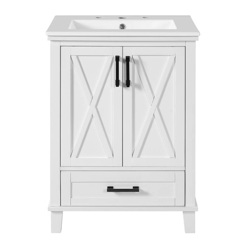 24" Bathroom Vanity with Ceramic Sink Bathroom Storage Cabinet with Divided Drawer and Storage Shelves