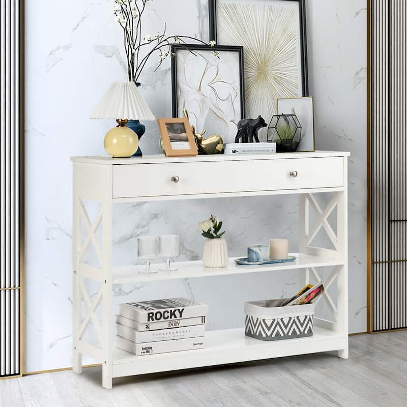 3-Tier Console Table with Drawers for Entryway and Living Room Storage - 39.5" x 12" x 31.5" - White