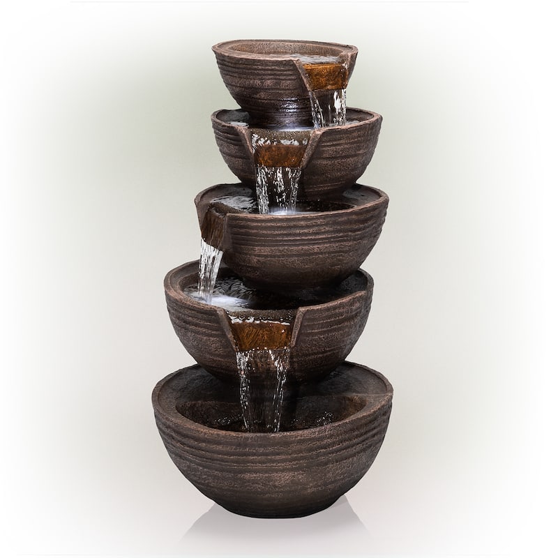 Alpine Corporation 34" Tall Outdoor 5-Tier Modern Bowl Cascading Waterfall Fountain with LED Lights