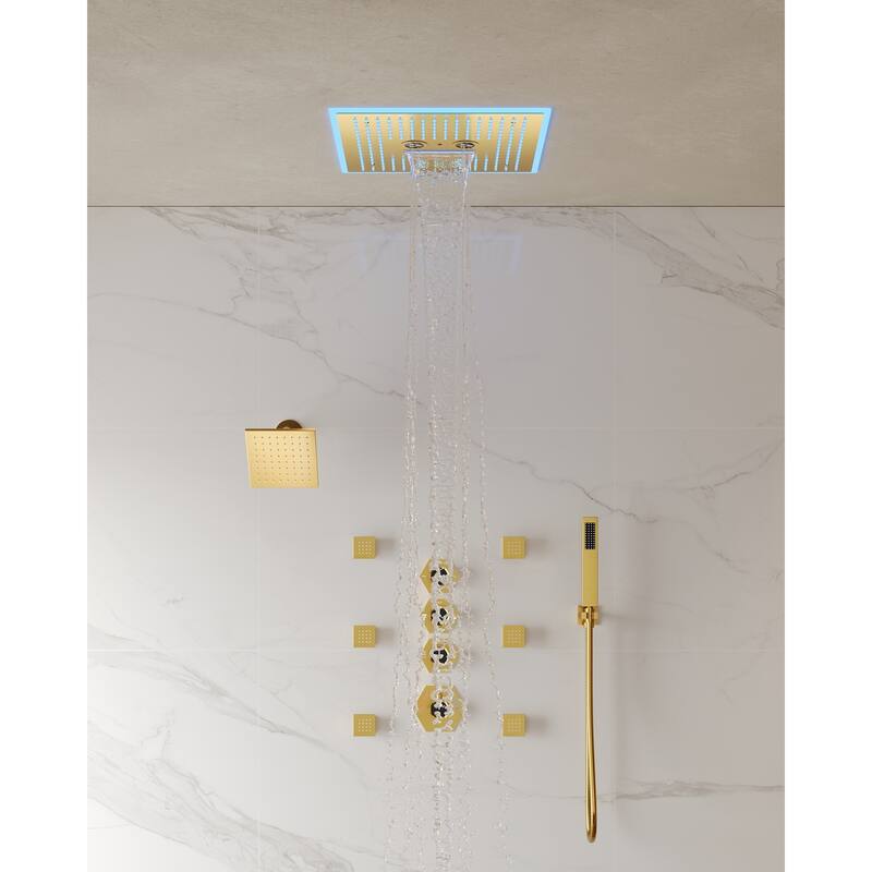 Shower Faucet Set Dual Heads with 3 Spray Modes 16" Ceiling and 6" Wall Mount Body Jets Handheld Spray LED Music