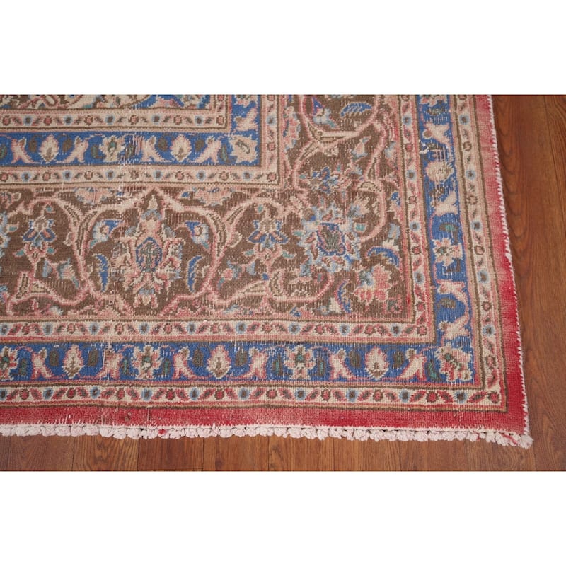 Distressed Pink Mashad Persian Vintage Rug Handmade Wool Carpet - 6'5"x 9'5"