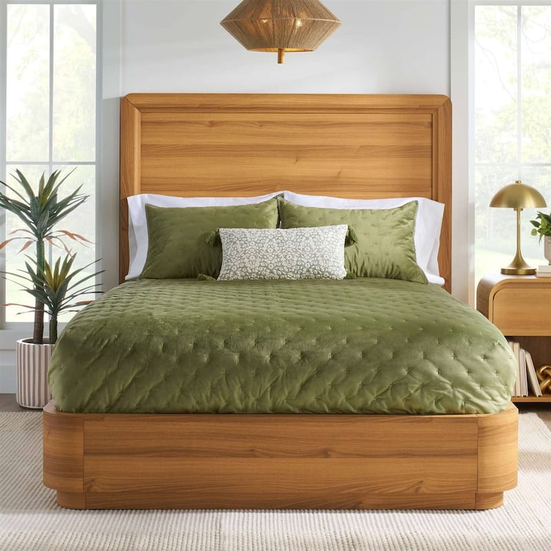 Queen Size Curved Solid Wood Platform Bed Modern Wooden Bed Frame with Slats No Box Spring Required Brown