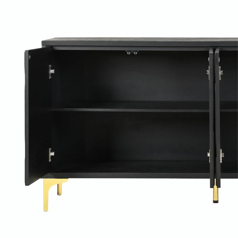 60" Carved Credenza Storage Cabinet, Handleless Press-to-Open Sideboard with 4 Doors