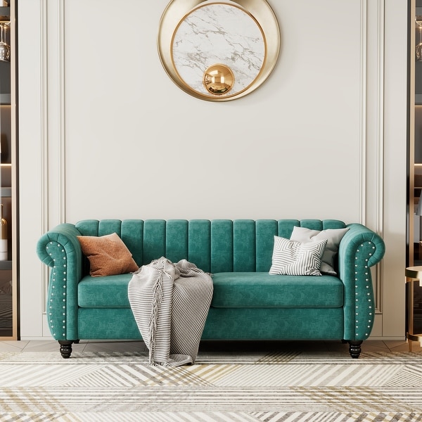 3 Seat Sofa Frosted Velvet Sofa with Rolled Arms Nailhead Trim
