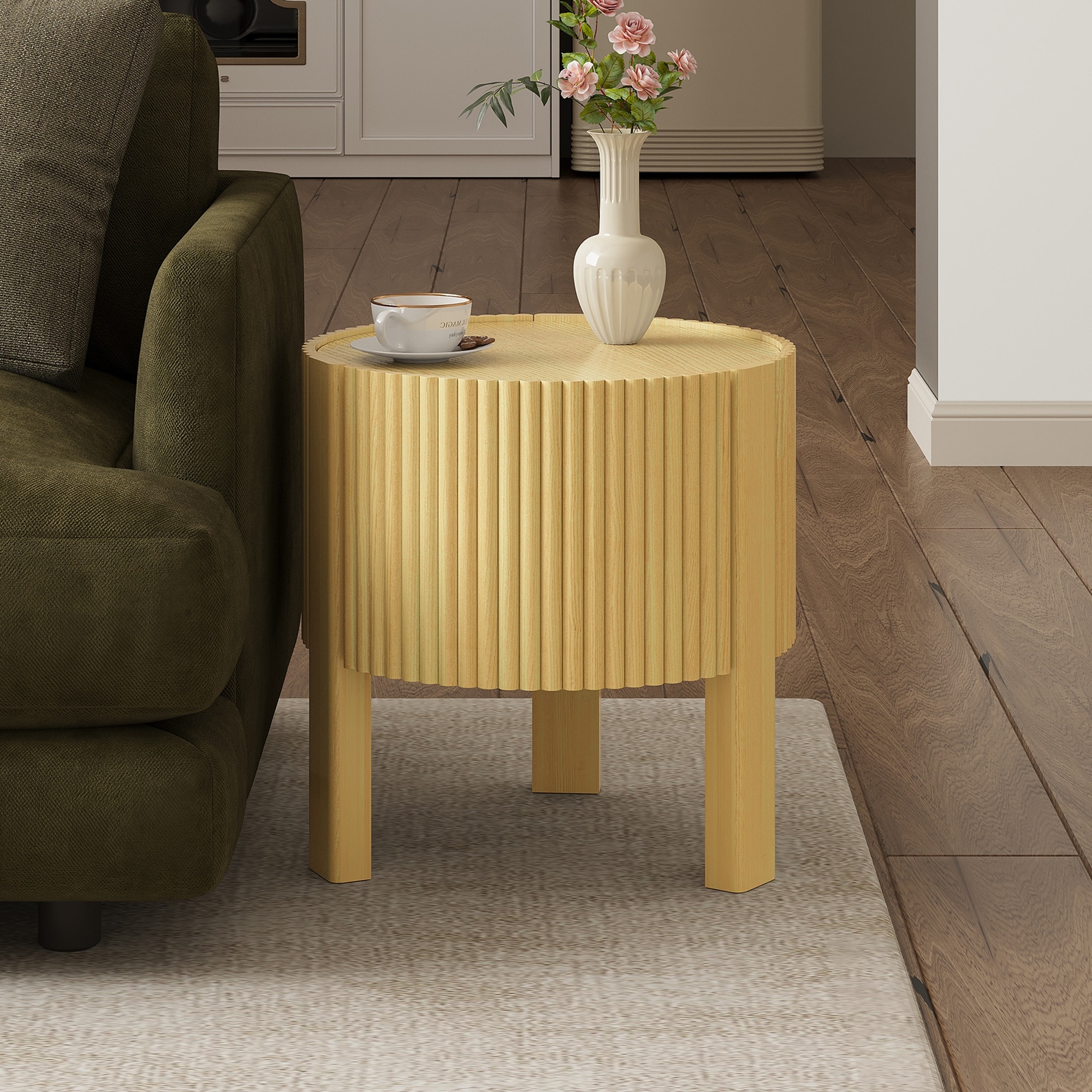 Round Fluted Side Table Sofa Table with Storage, Natural Cocktail Table Coffee Table End Table for Living Room