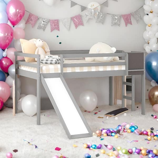 slide 2 of 14, Modern Twin Size Wood Loft Bed With Convertible Ladder and Slide With Stair and Chalkboard Grey
