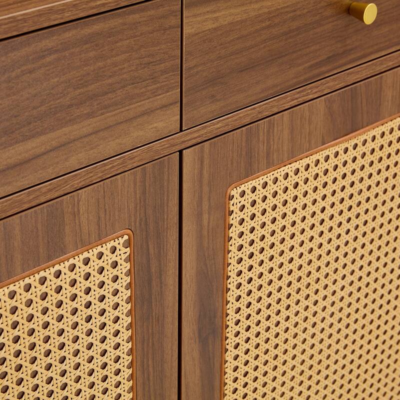 Rattan Weaving Shoe Cabinet, Multi-Functional Shoe Rack Organizer, Sideboard Buffet with Top Drawers & Lower Cabinet Doors