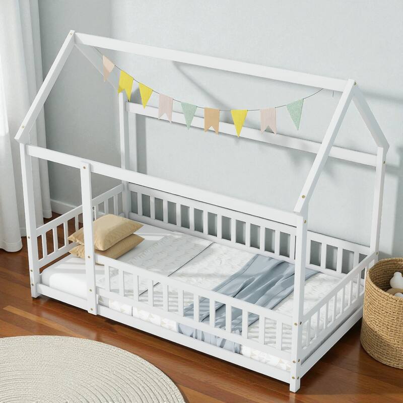 Twin Size Wooden House Floor Bed with Roof Frame and Safety Guardrails, Solid Rubber Wood Montessori Bed for Kids
