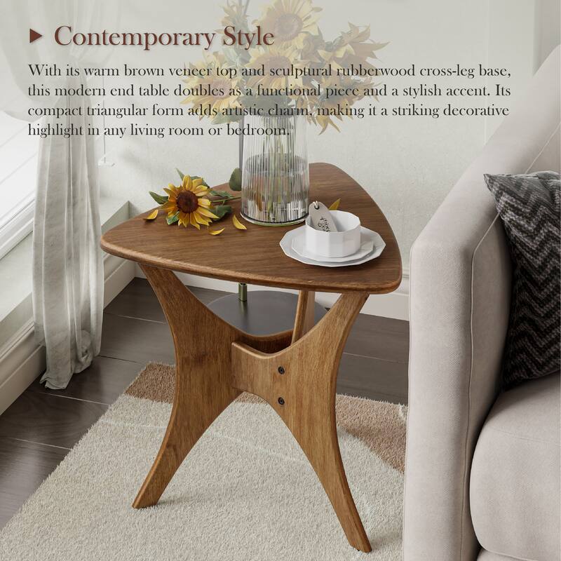 COZAYH Contemporary Triangle Side Table with Cross-Leg Wood Base, MCM Small Accent Table for Lounge, Quick Assembly