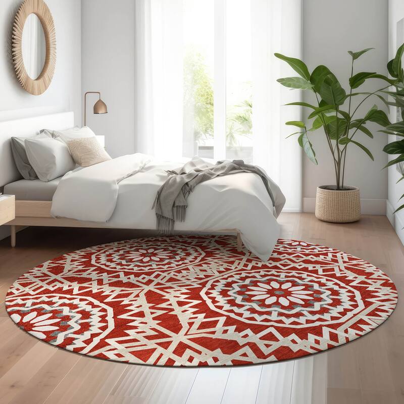 Premium Washable Super Soft Boho Global Mayfield Rug - Red - 8' x 8' - Round