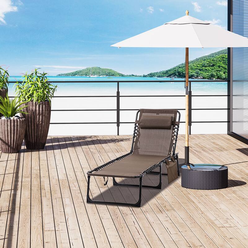 Outsunny Reclining Chaise, Portable Sun Lounger, Folding Camping Cot with Adjustable Backrest and Removable Pillow