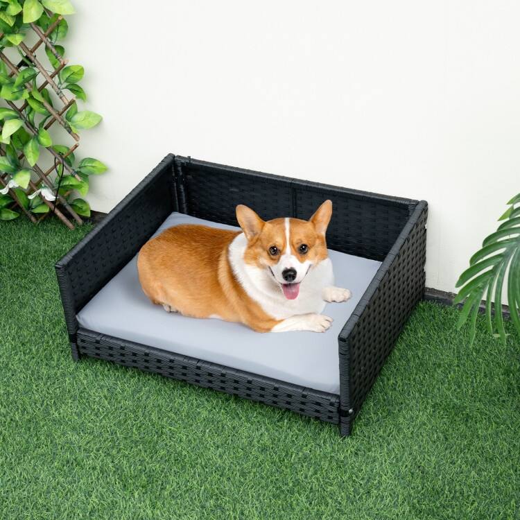 Rattan Dog Bed with Waterproof Soft Cushion for Medium Small Dogs Cats - 24.5" x 18" x 10" (L x W x H)