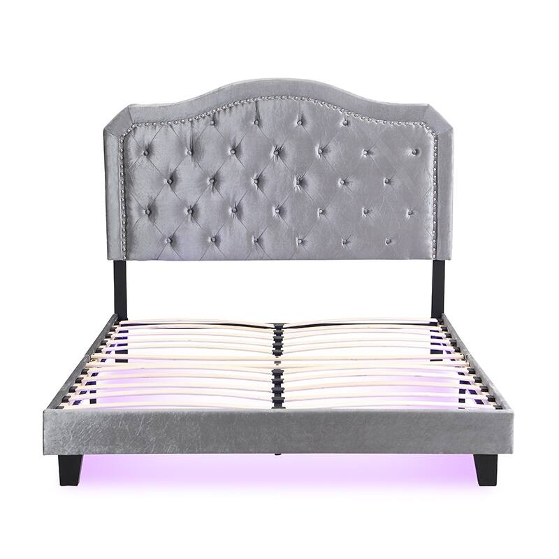 Queen Size Upholstered Bed with LED Lights, Button Tufted Design, Velvet Finish, Wood Slat Support