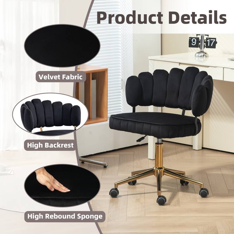 Velvet Home Office Desk Chair, Height Adjustable Task Chair, Armless Single Chair with Wheels, 360° Swivel Vanity Chair - N/A