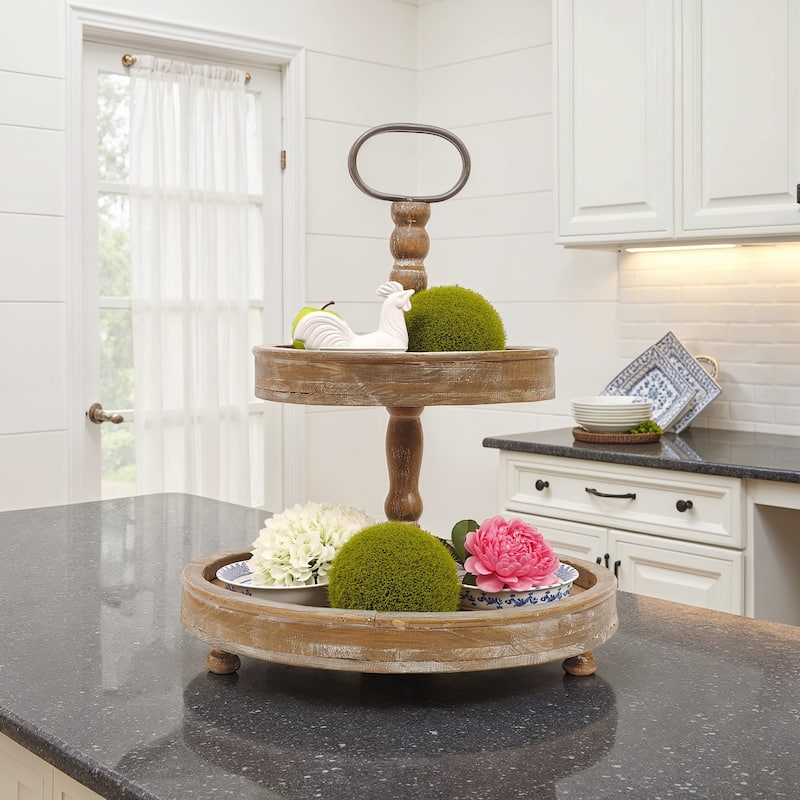 Distressed Wood 2-Tier Tray with Metal Handle