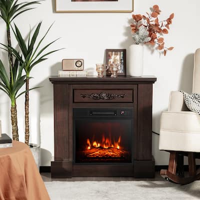 32" Brown Electric Fireplace with Mantel Shelf and 1400W Heating Overheat Protection - 32" x 9" x 30"