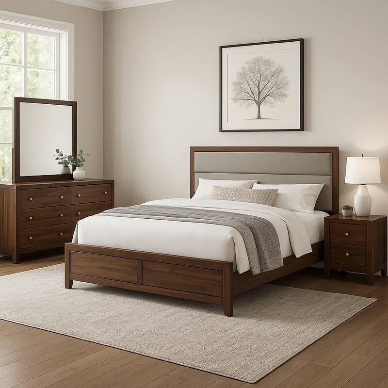 Yels 4 Piece King Bedroom Set, Gray Upholstery, Walnut Brown Wood
