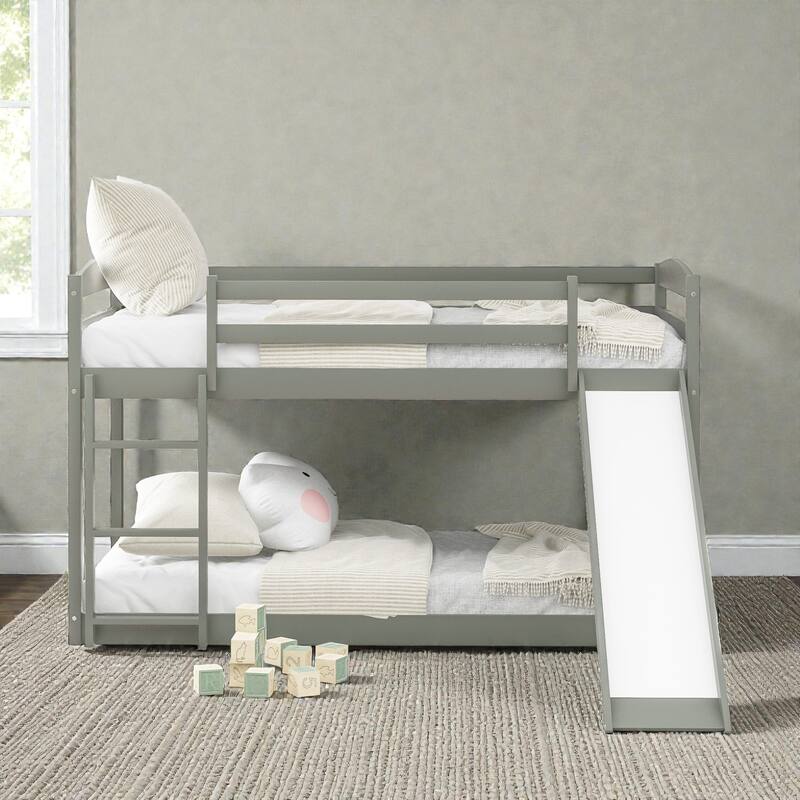 Twin over Twin Wooden Bunk Bed with Slide and Ladder, Convertible Design, Low Bunk Frame for Kids, Solid Pine & MDF