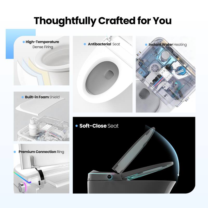 Zarautz Elongated Smart Bidet Toilet Combo with Clean Foam Shield Splash Proof,Heated Seat,Dryer & Foot/Men's flush recognition