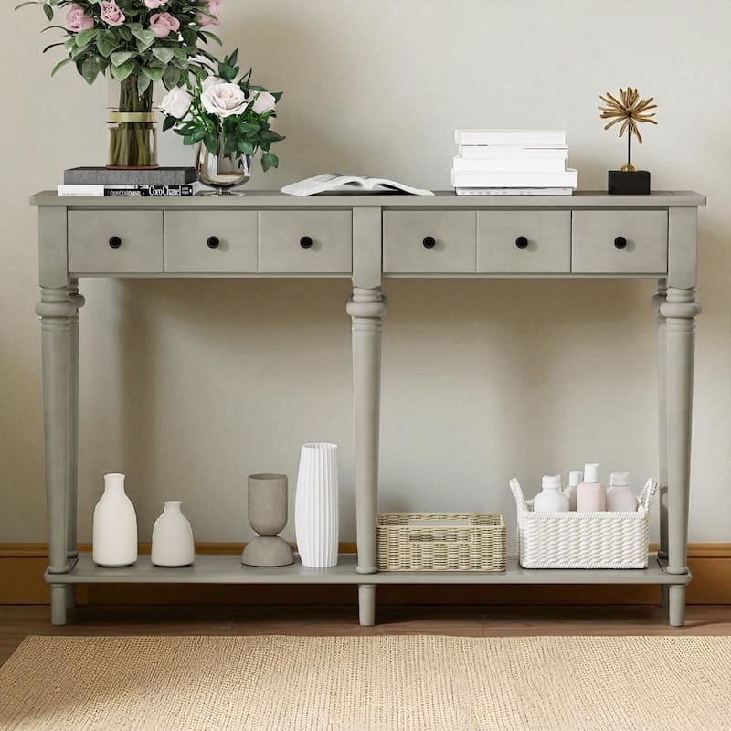 59.8" Rustic Entryway Console Table with 4 Drawers and Open Shelf, Retro Pine Veneer Hallway Accent Table - Gray Wash