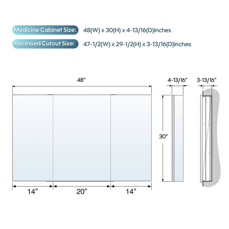 Recessed or Surface Wall Mount Bathroom Medicine Cabinet With Adjustable Glass Shelves