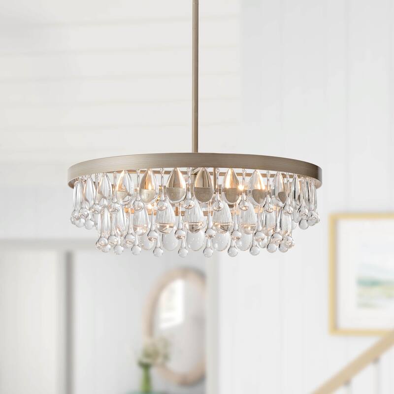 Viviana 4-light Crystal Teardrop Round Chandelier - Brushed Champagne Silver