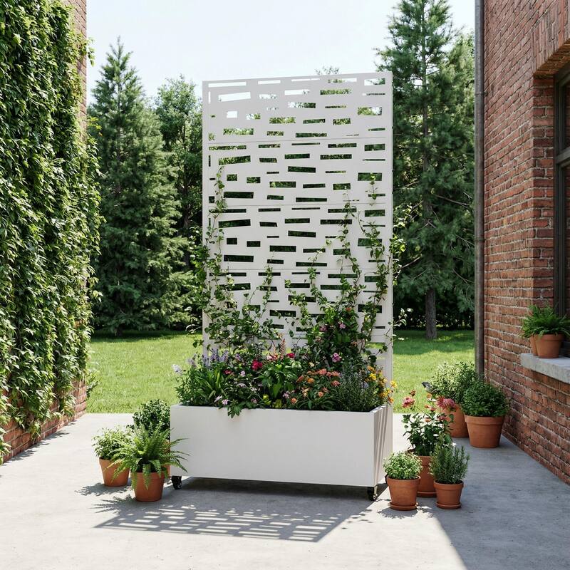 Raised Garden Bed Planter with Trellis Movable Planter Box with Lockable Wheels - 72*35 - White