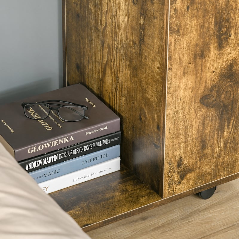 HOMCOM C-Shaped Sofa Side Table Mobile End Table with Storage and Wheels for Living Room, Bedroom, Office