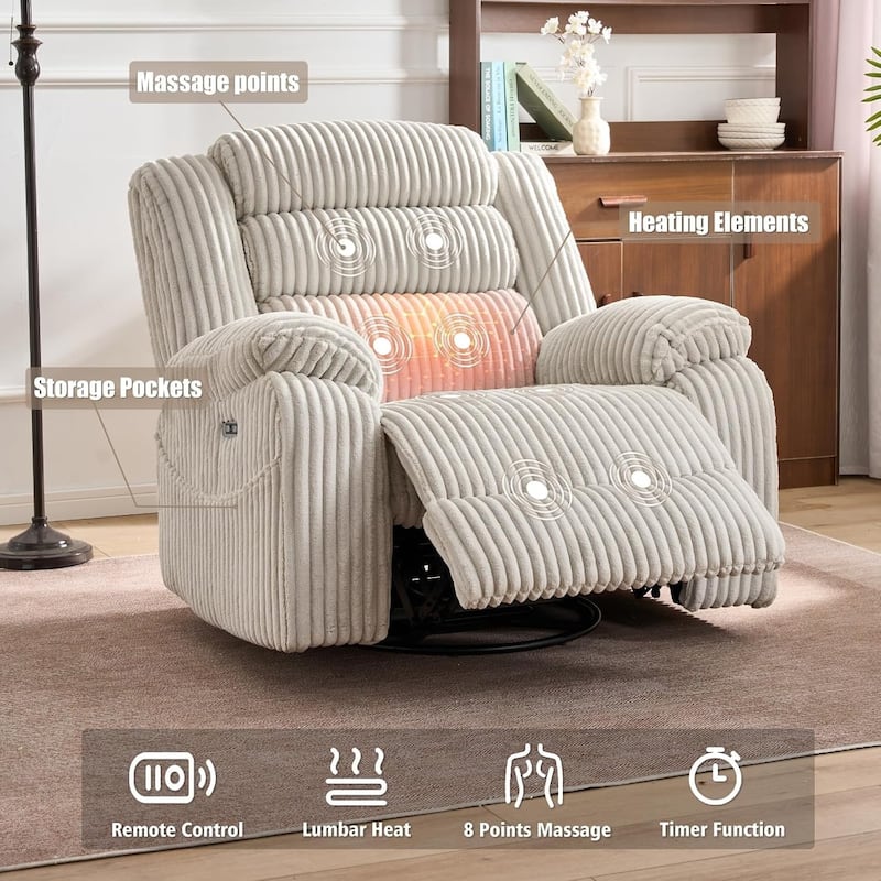 Extra-wide 270° Rotating Heated Massage Electric Recliner with USB/Type-C Charging Port