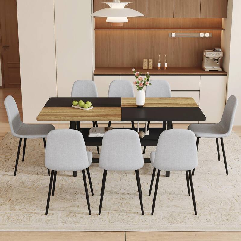 Roomfitters 7/9pcs Wood and Black Spliced Dining Table Set with Center Storage and Linen Upholstered Chairs, Light Gray