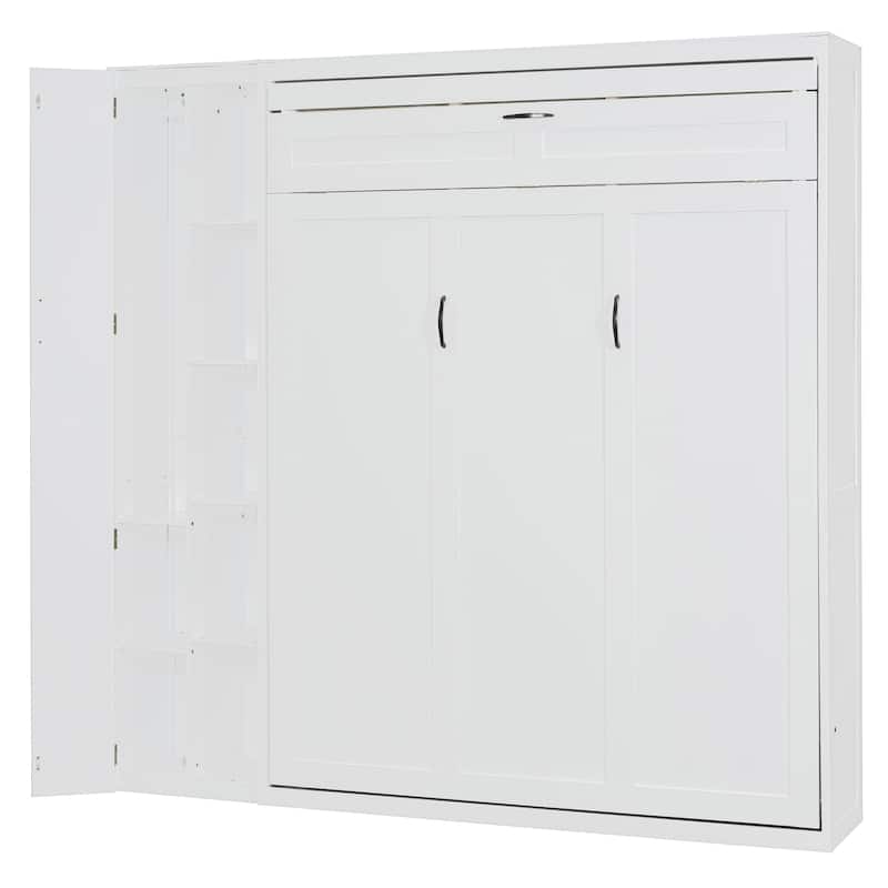 Queen Size Murphy Bed Wall Bed with Shelves, Wardrobe and LED Lights