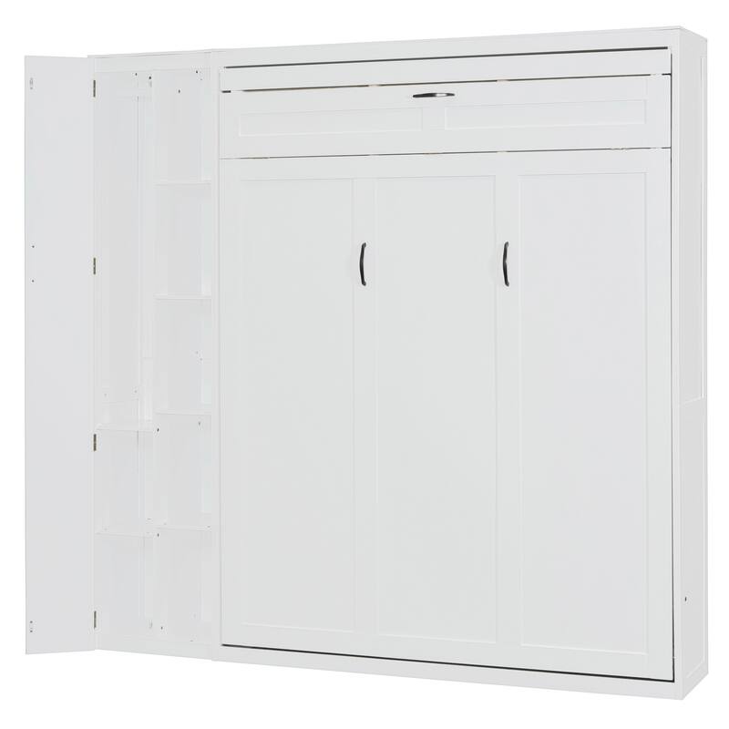 Queen Size Wall Bed with Shelves, Wardrobe, and LED Lights, Space-Saving Design