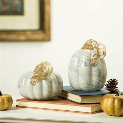 Glitzhome Fall Harvest Gray Marble Handblown Glass Pumpkins for Thanksgiving Decor