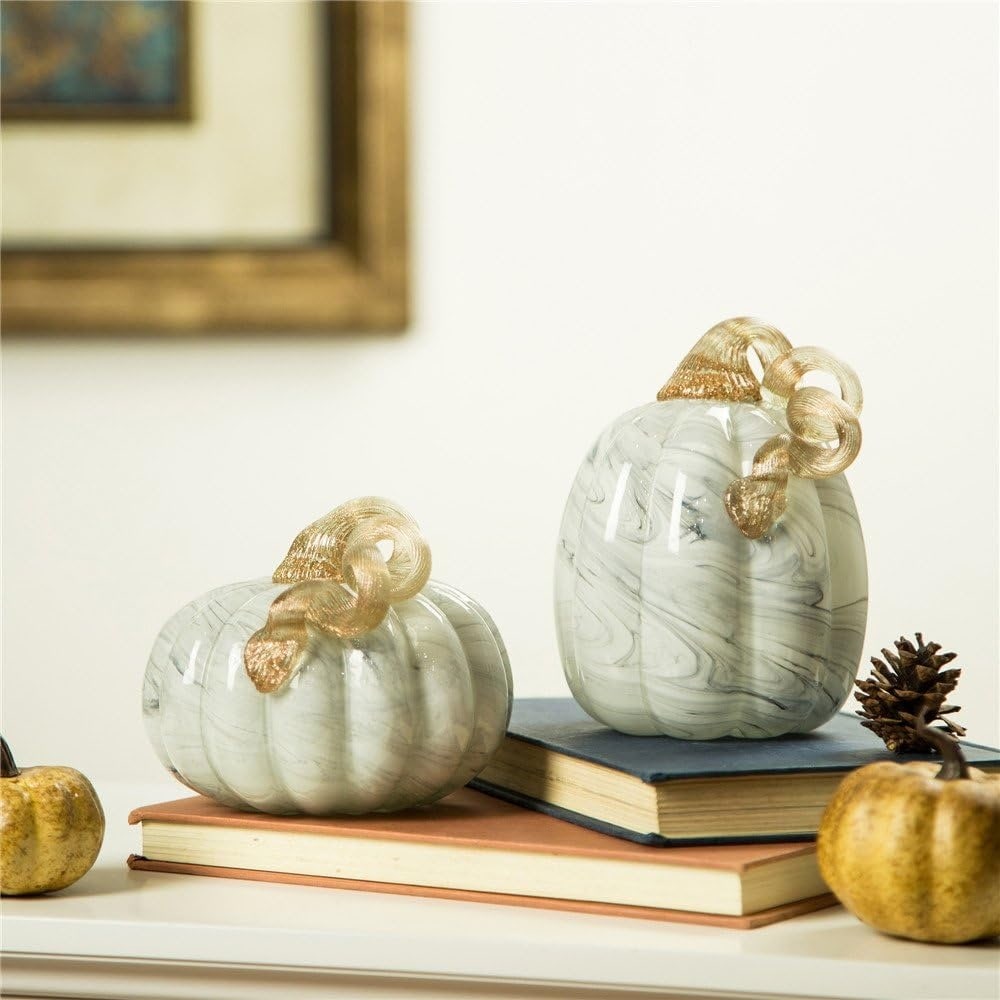 Glitzhome Fall Harvest Gray Marble Handblown Glass Pumpkins Thanksgiving Table Decor Halloween Gifts