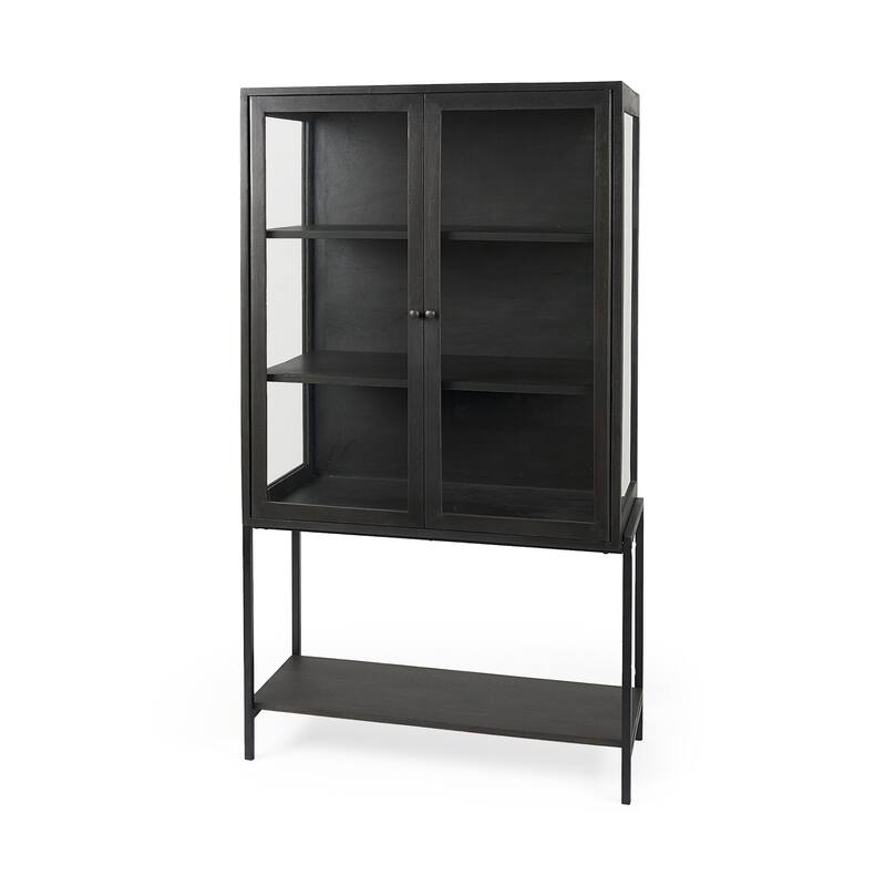HomeRoots 36" Black Solid Wood and Metal Display Cabinet With Two Doors