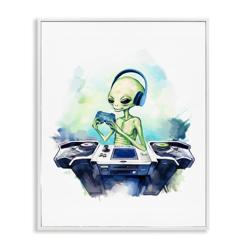 Stupell Tech Alien Playing Video Games Framed Giclee Art Design By Lil' Rue - 24 x 30 - White